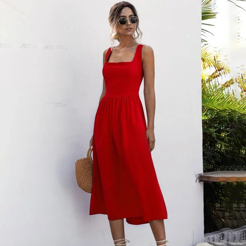 Summer Midi Dress with Square Neck