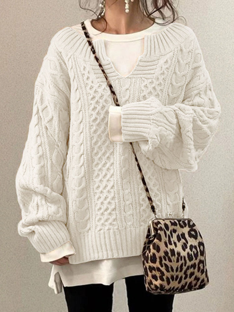 Women's Cable Knit Sweater with Cut-Out Round Neck and Chunky Texture