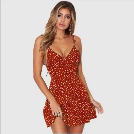 Summer mini dress with dots and spaghetti straps