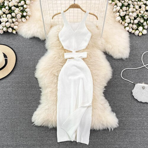 Modern Evening Dress with Cutouts and Decorative Bow