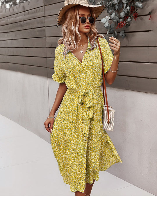 Floral Midi Dress with Bow and Asymmetric Bottom