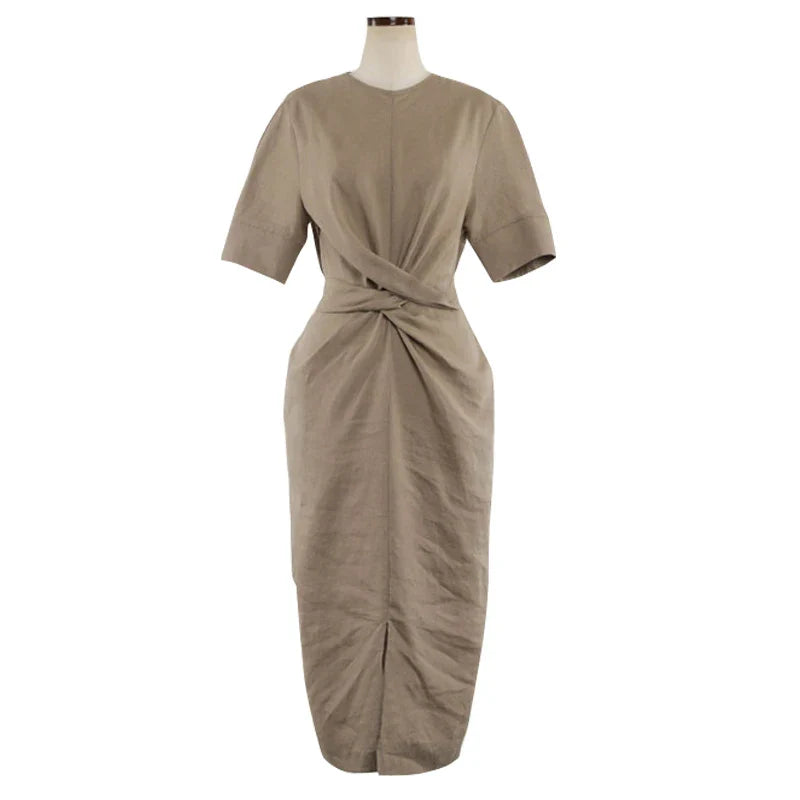 Women's midi linen dress with pleats at the waist