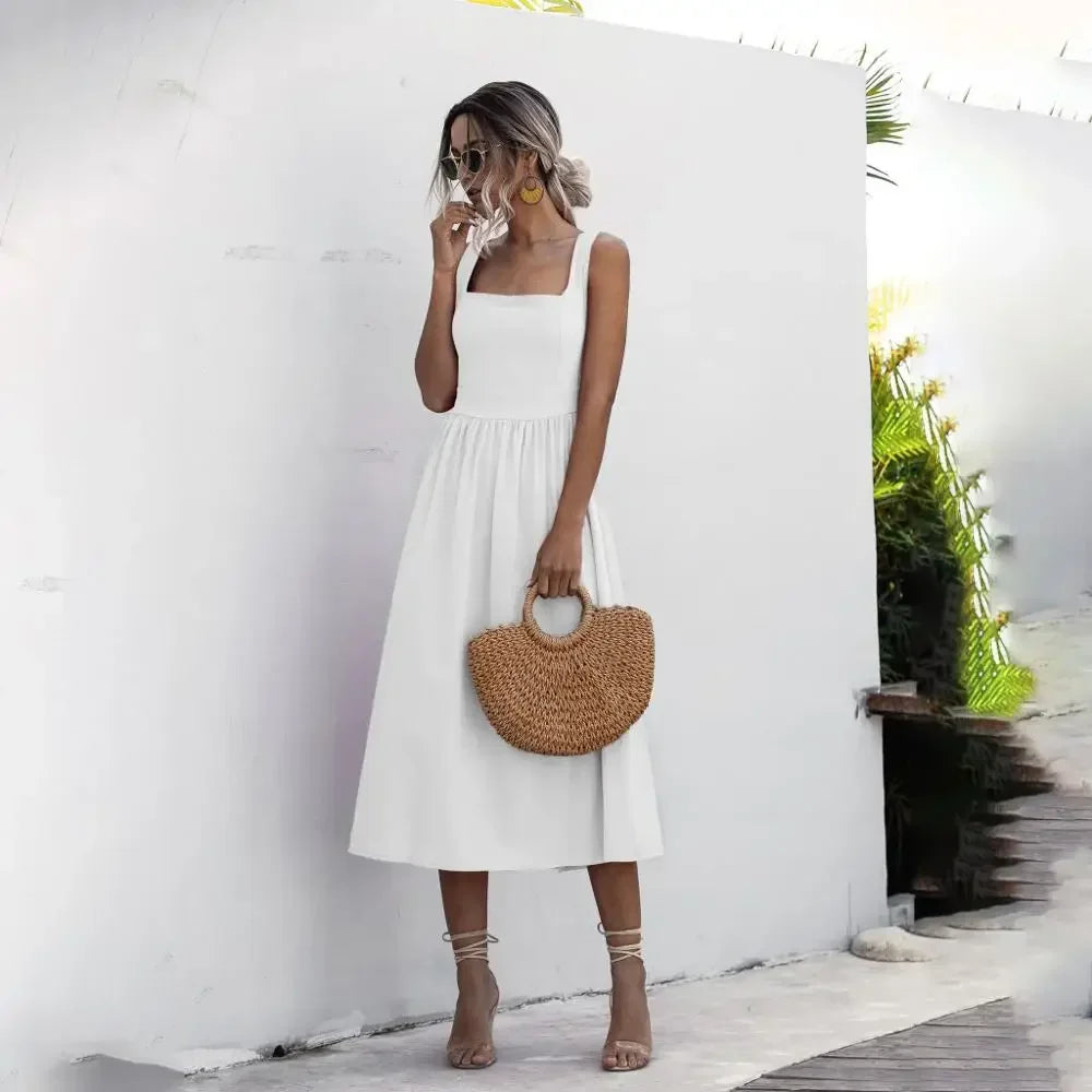 Summer Midi Dress with Square Neck