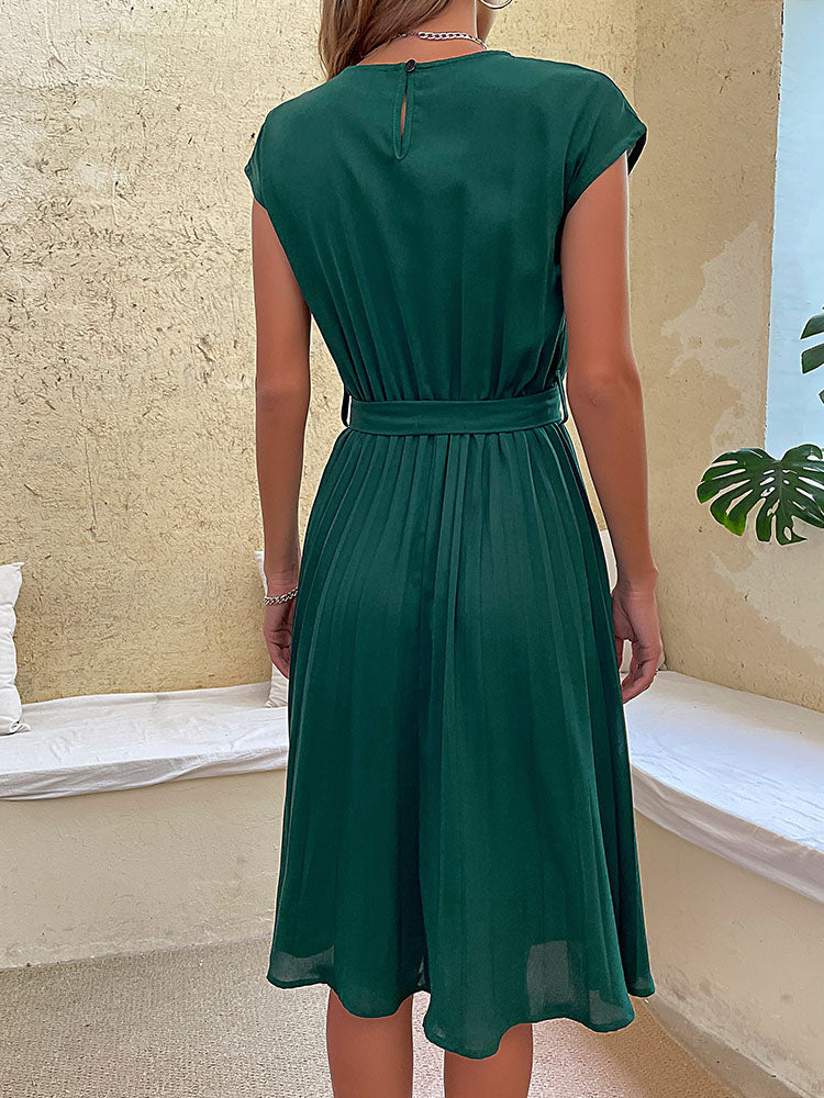 Pleated Dress with Belt and Short Sleeves