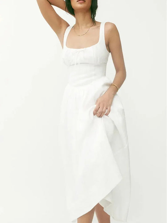 Women's linen midi dress with spaghetti straps