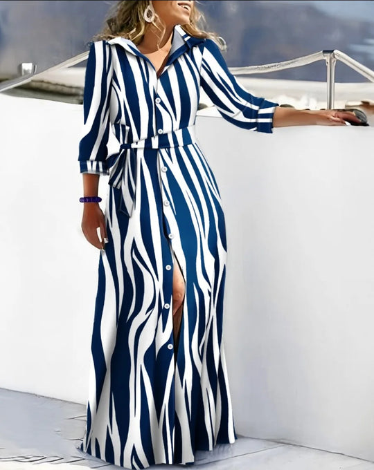 Women's long shirt dress with belt and zebra pattern