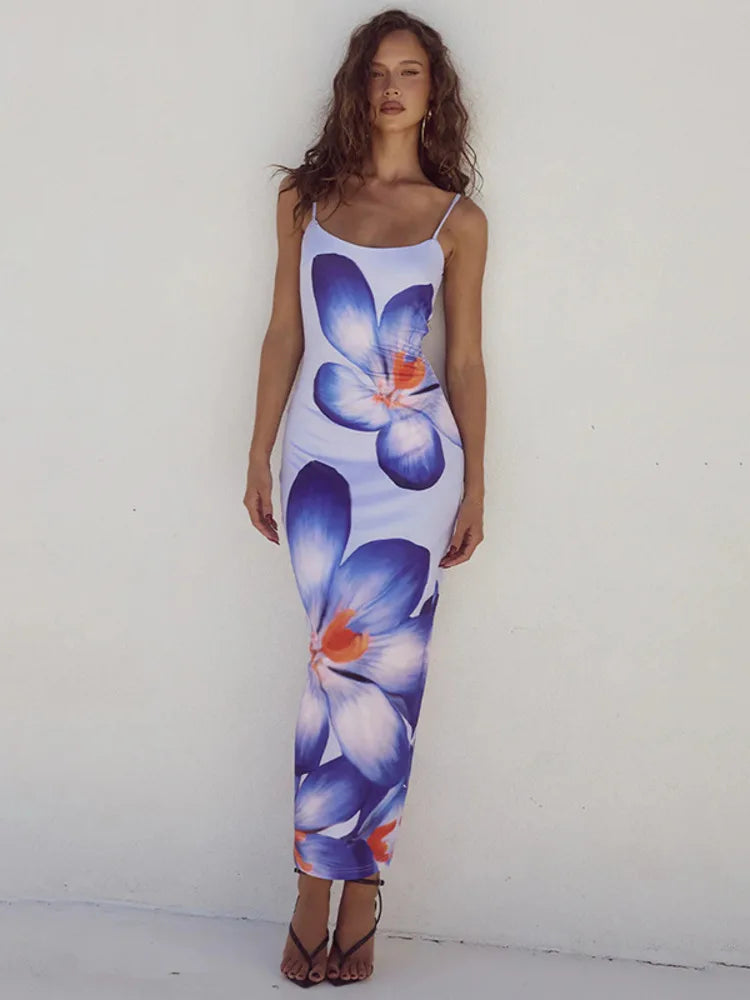 Women's Maxi Dress with Floral Print and Thin Shoulder Straps