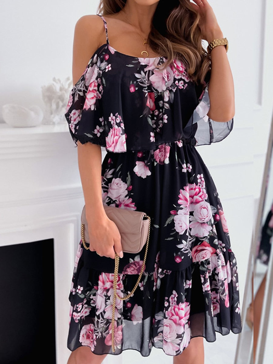 Off-the-Shoulder Floral Dress with Ruffles 