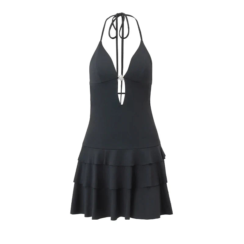 Mini dress with a deep neckline and ruffles