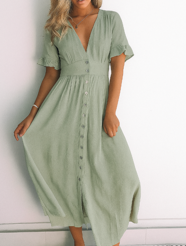 Korbela | Jurk | Midi | V-hals | Korte Mouwen | Franje | Ontspannen Pasvorm | Zwangere Vriendelijk