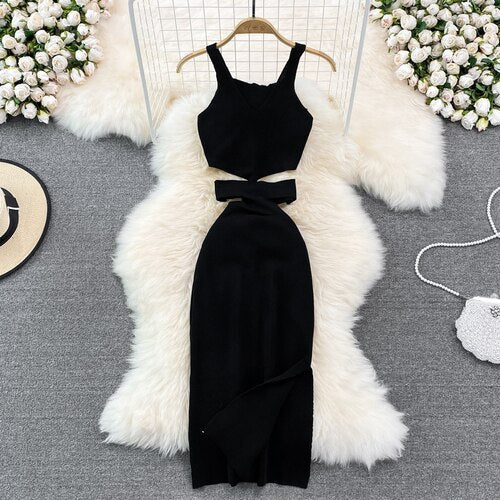 Modern Evening Dress with Cutouts and Decorative Bow