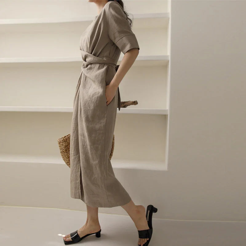 Women's midi linen dress with pleats at the waist