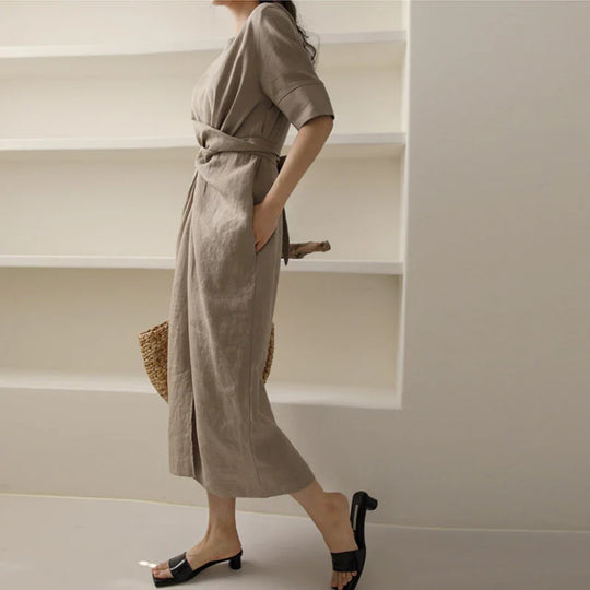 Women's midi linen dress with pleats at the waist