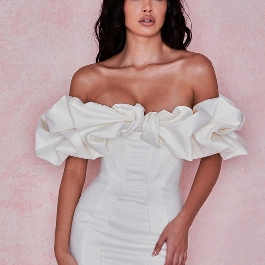 Dress with Bardot Neckline and Puff Sleeves