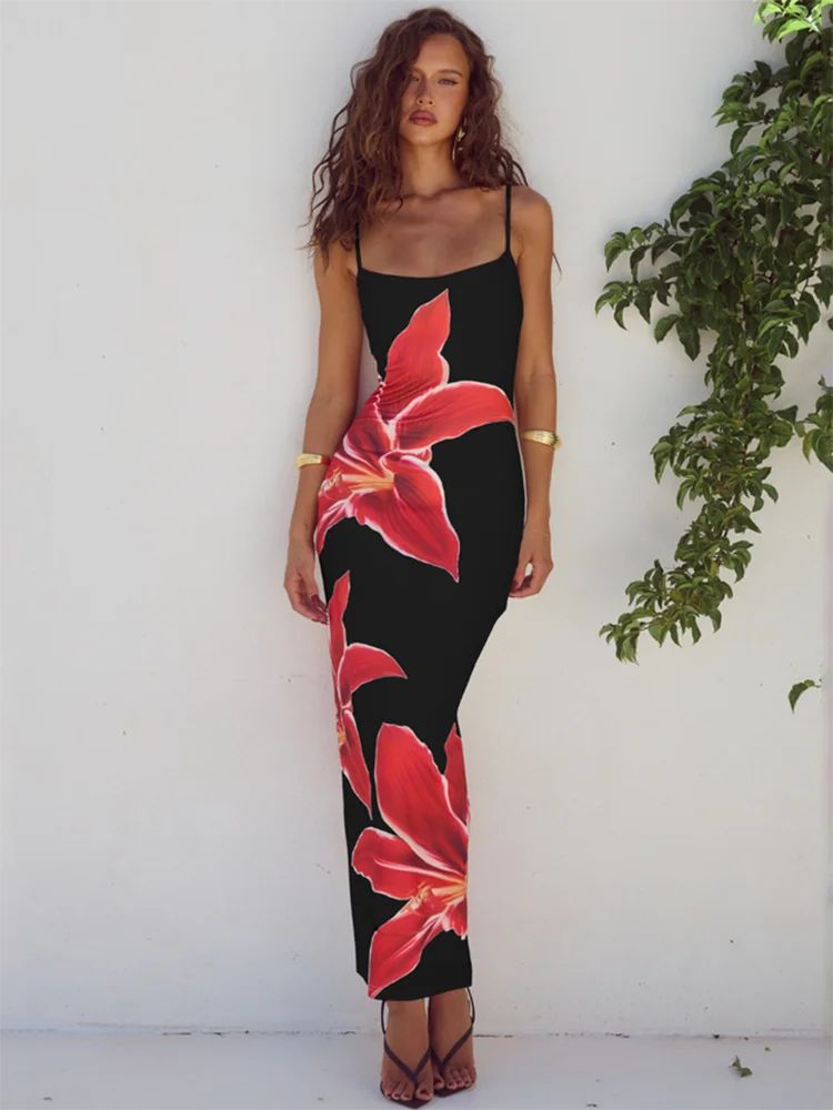 Women's Maxi Dress with Floral Print and Thin Shoulder Straps