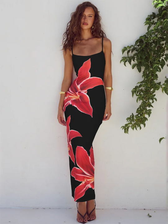 Women's Maxi Dress with Floral Print and Thin Shoulder Straps