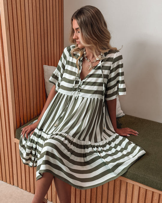 Vrouw | Jurk | Strik Halslijn | Knoopsluiting | Flodder Mouwen | Gelaagde Rok | Knie Lengte | Streep