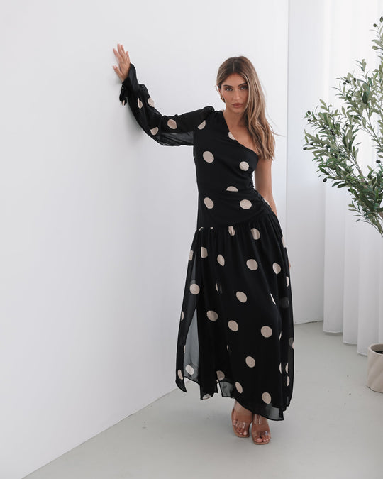 Dames | Serenella Jurk | Schouderhalslijn | Eén Lange Mouw | Ruches Taille | Maxi Lengte