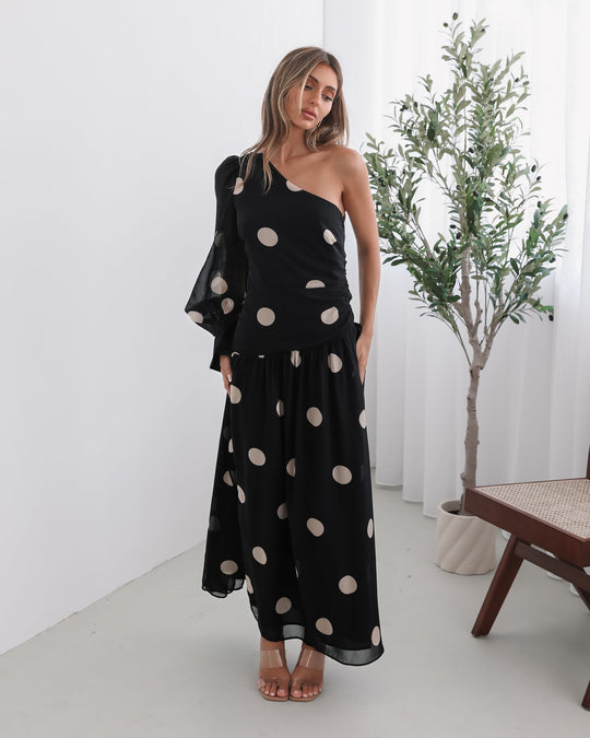 Dames | Serenella Jurk | Schouderhalslijn | Eén Lange Mouw | Ruches Taille | Maxi Lengte