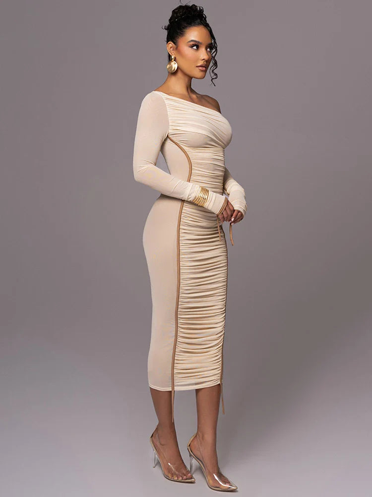 Women's Midi One-Shoulder Dress with Ribbed Pattern
