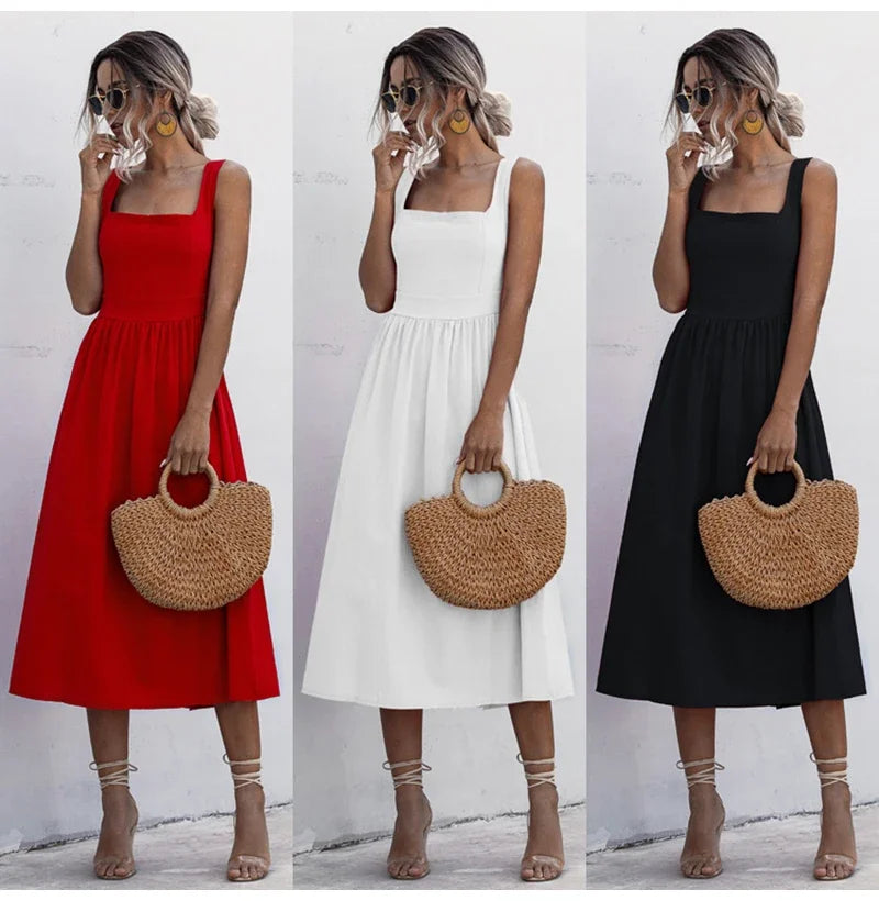 Summer Midi Dress with Square Neck