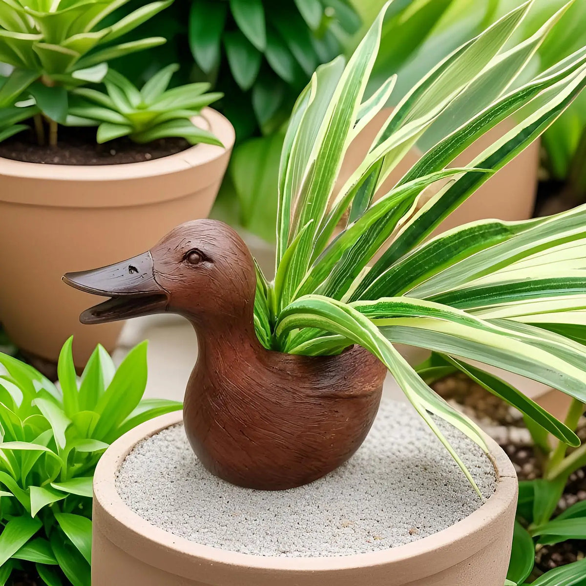 Duck-Shaped Plant Pot Avinara Duck | Handmade Resin Flower Pot | Indoor Outdoor Decorative Accent | Balcony Garden Windowsill