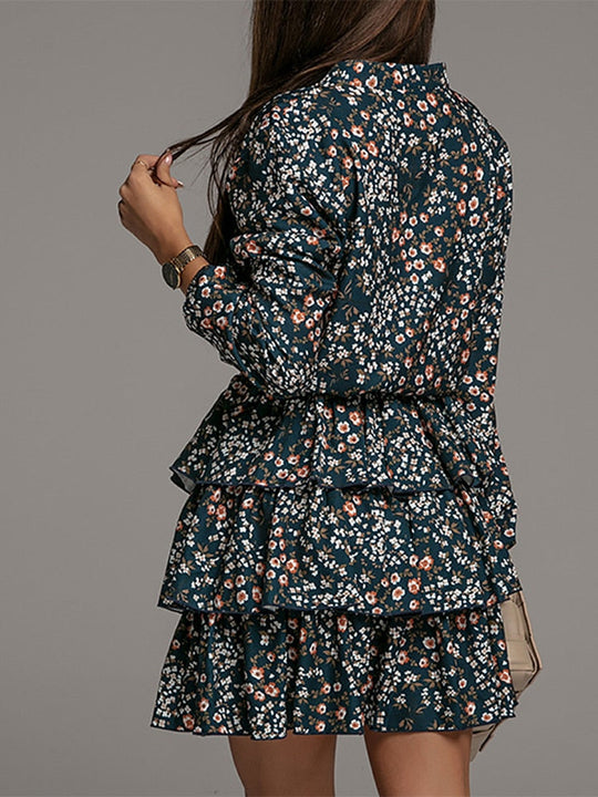 Patterned Dress with Ruffles and Long Sleeves