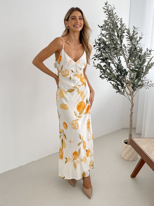 Shaela Jurk | Maxi Jurk | Fit-and-Flare | V-hals | Smalle Bandjes | Gele Print