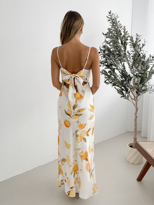 Shaela Jurk | Maxi Jurk | Fit-and-Flare | V-hals | Smalle Bandjes | Gele Print