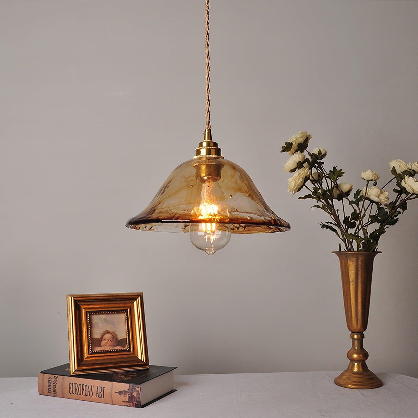 Vintage Brown Glass Pendant Light | Brass & Metal Hanging Lamp | E26/E27 LED Compatible | Warm Ambient Ceiling Lighting