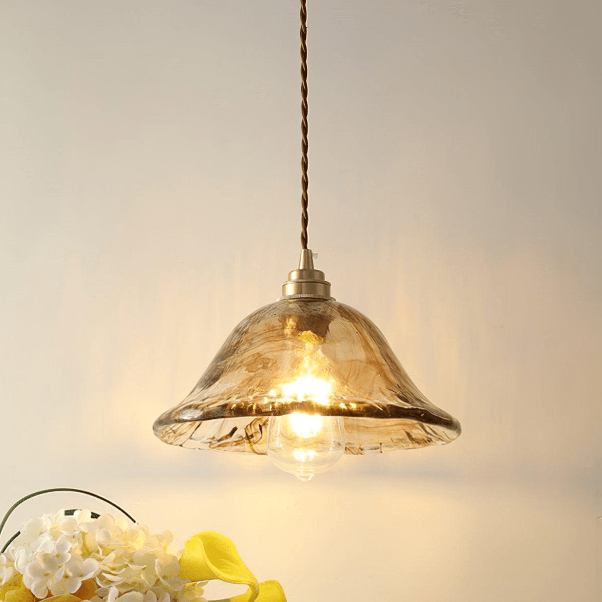 Vintage Brown Glass Pendant Light | Brass & Metal Hanging Lamp | E26/E27 LED Compatible | Warm Ambient Ceiling Lighting