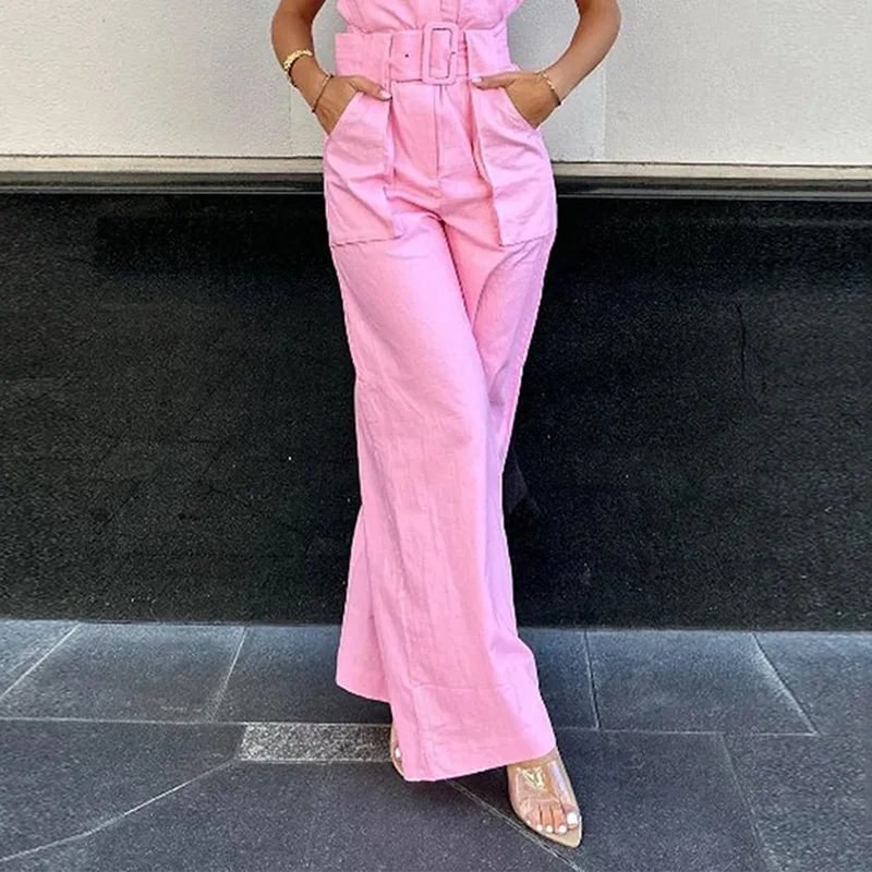 Women's Sleeveless Jumpsuit with Belt and Wide Legs