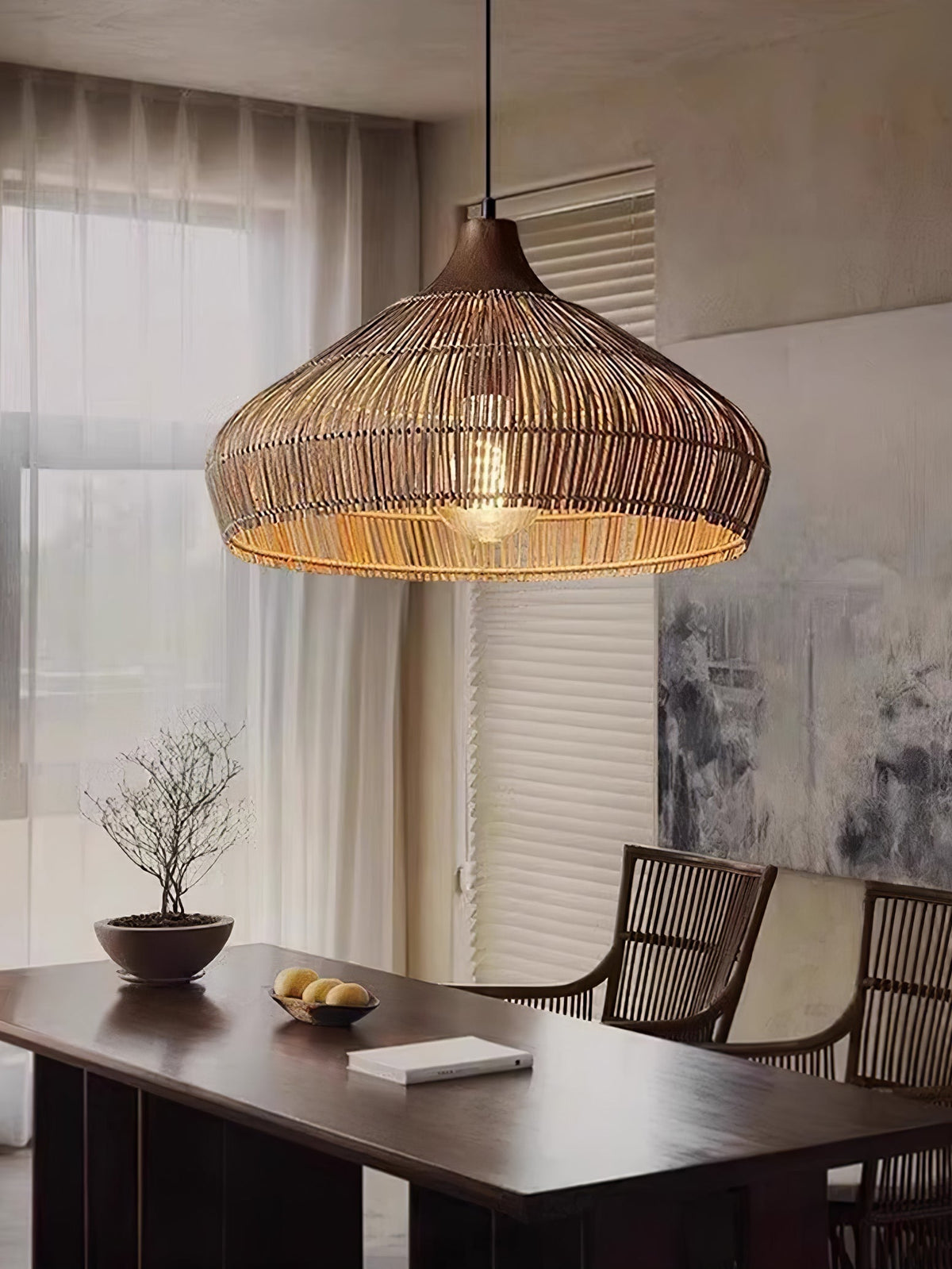Rattan Hanging Pendant Lamp Boho Ceiling Light Woven Natural Shade | E26 E27 Compatible | Dining Table Living Room Decor Lighting