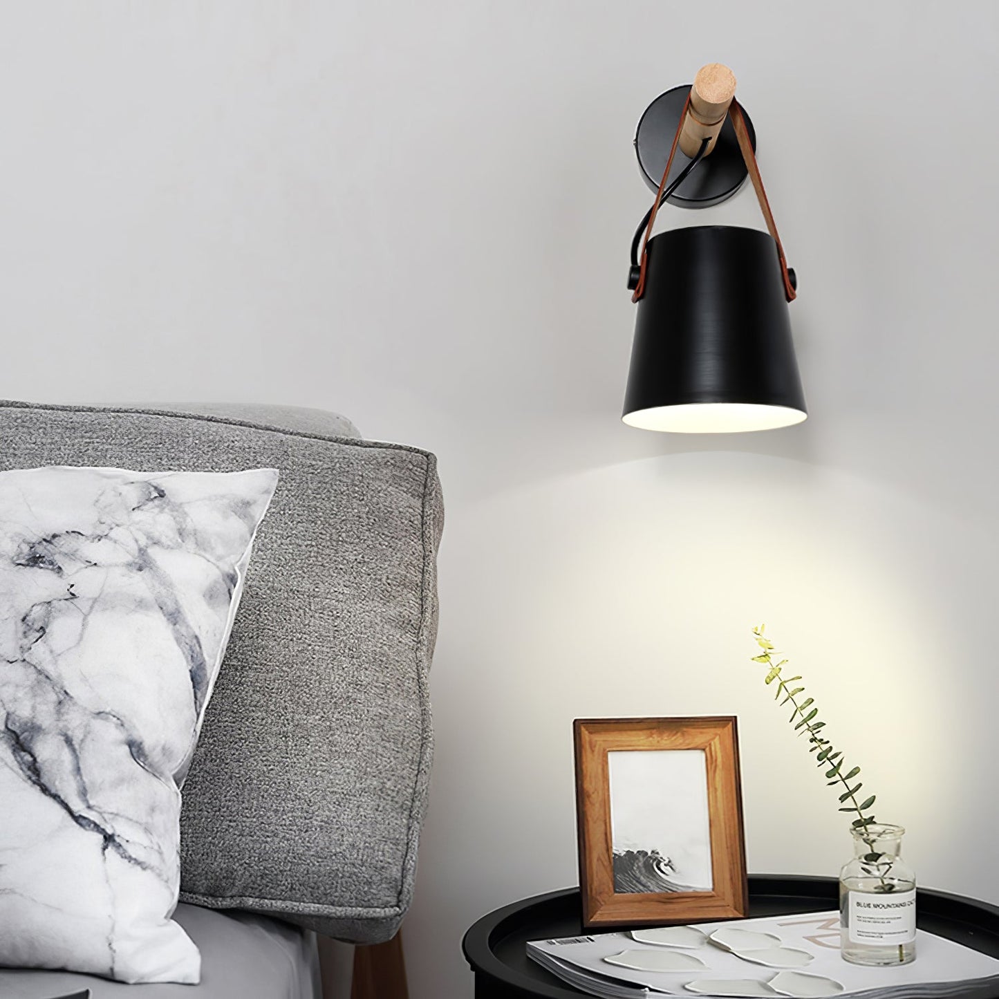 Scandinavian Wooden Wall Lamp Conical Design | Leather Strap Detail | E26/E27 LED Compatible | Modern Indoor Lighting