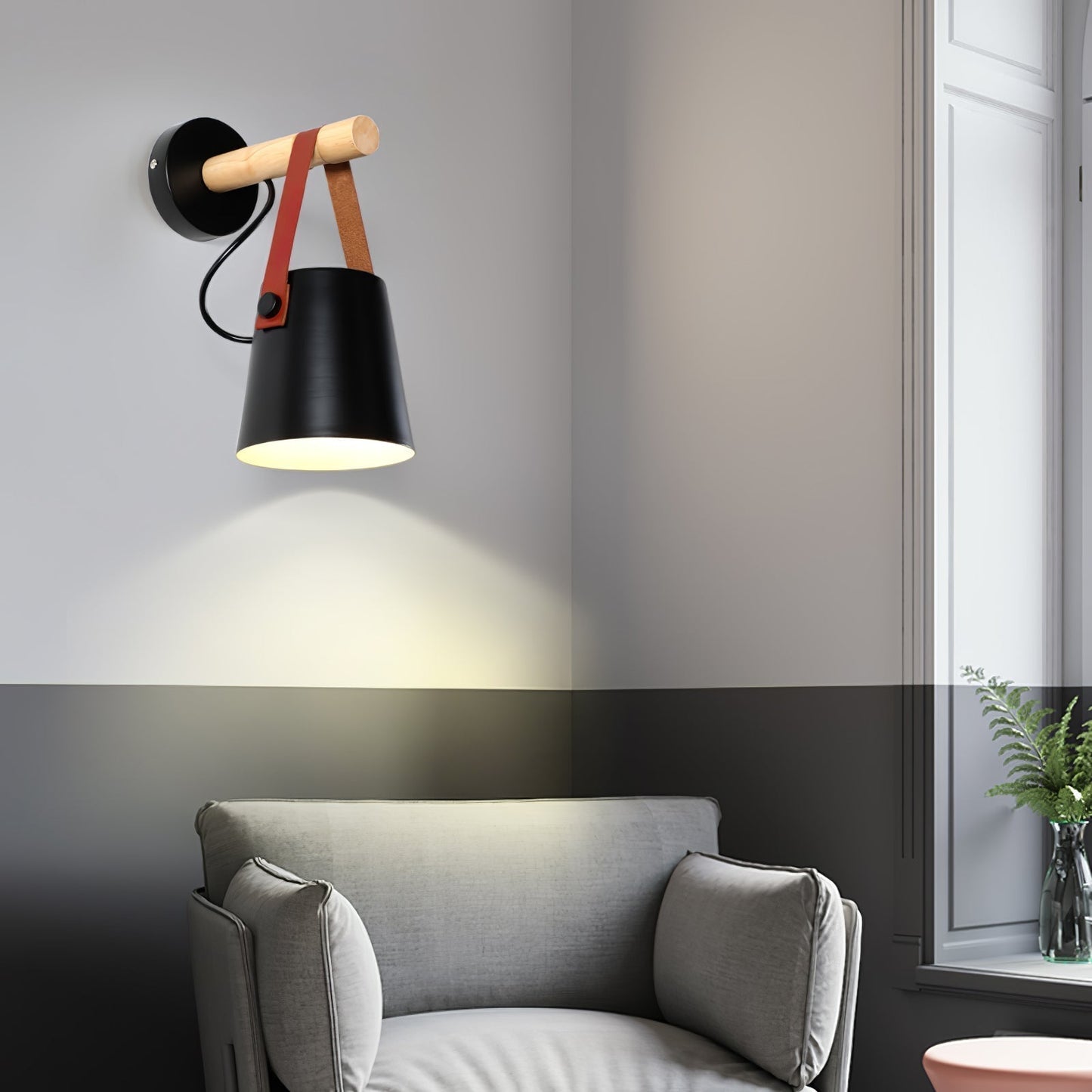 Scandinavian Wooden Wall Lamp Conical Design | Leather Strap Detail | E26/E27 LED Compatible | Modern Indoor Lighting
