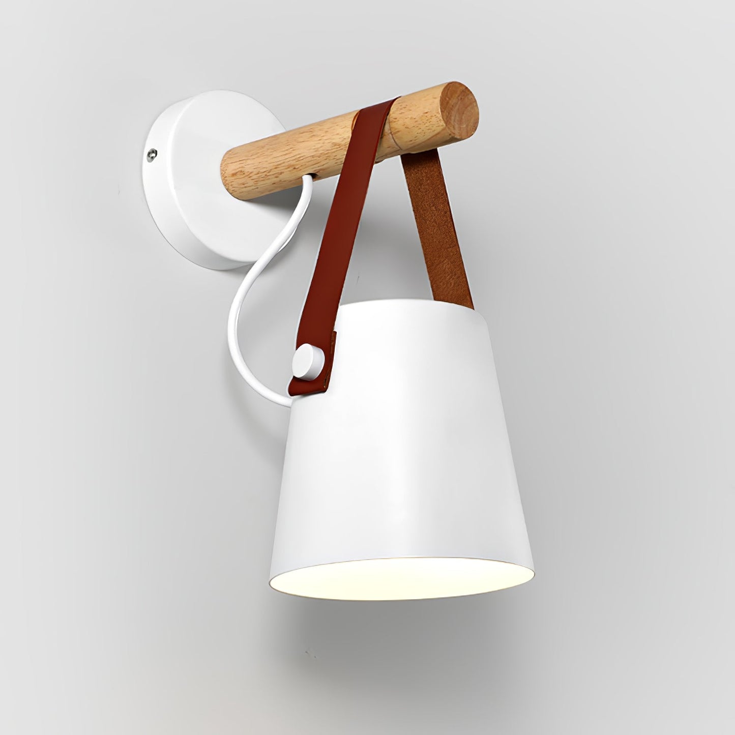 Scandinavian Wooden Wall Lamp Conical Design | Leather Strap Detail | E26/E27 LED Compatible | Modern Indoor Lighting