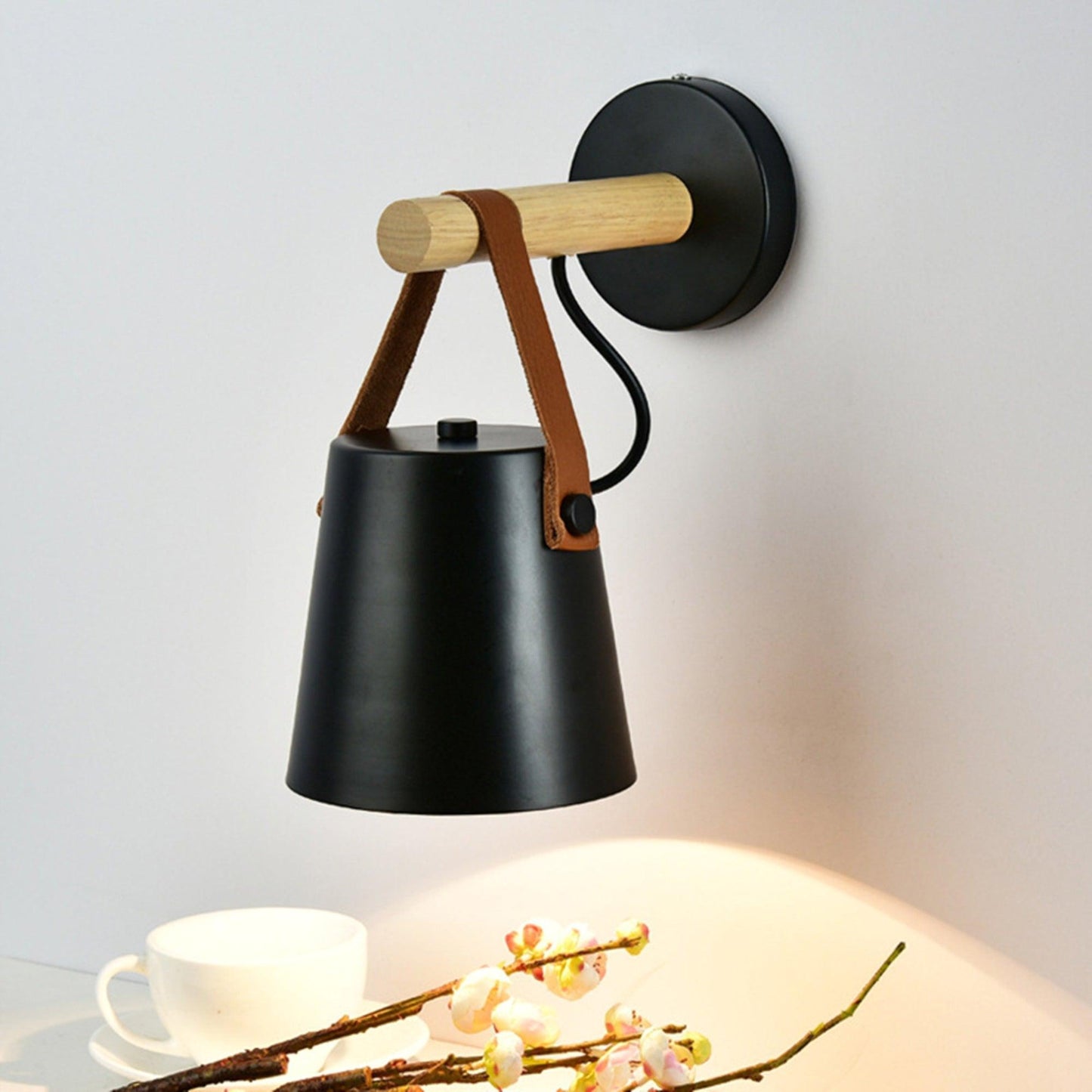 Scandinavian Wooden Wall Lamp Conical Design | Leather Strap Detail | E26/E27 LED Compatible | Modern Indoor Lighting