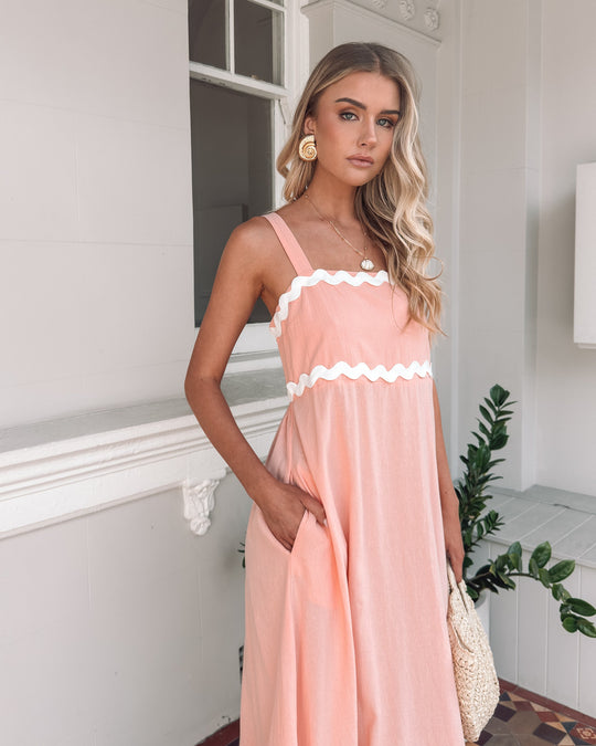 Vrouw | Jurk | Bandjes | Vierkante Halslijn | A-Lijn Rok | Midaxi Lengte | Roze Multi