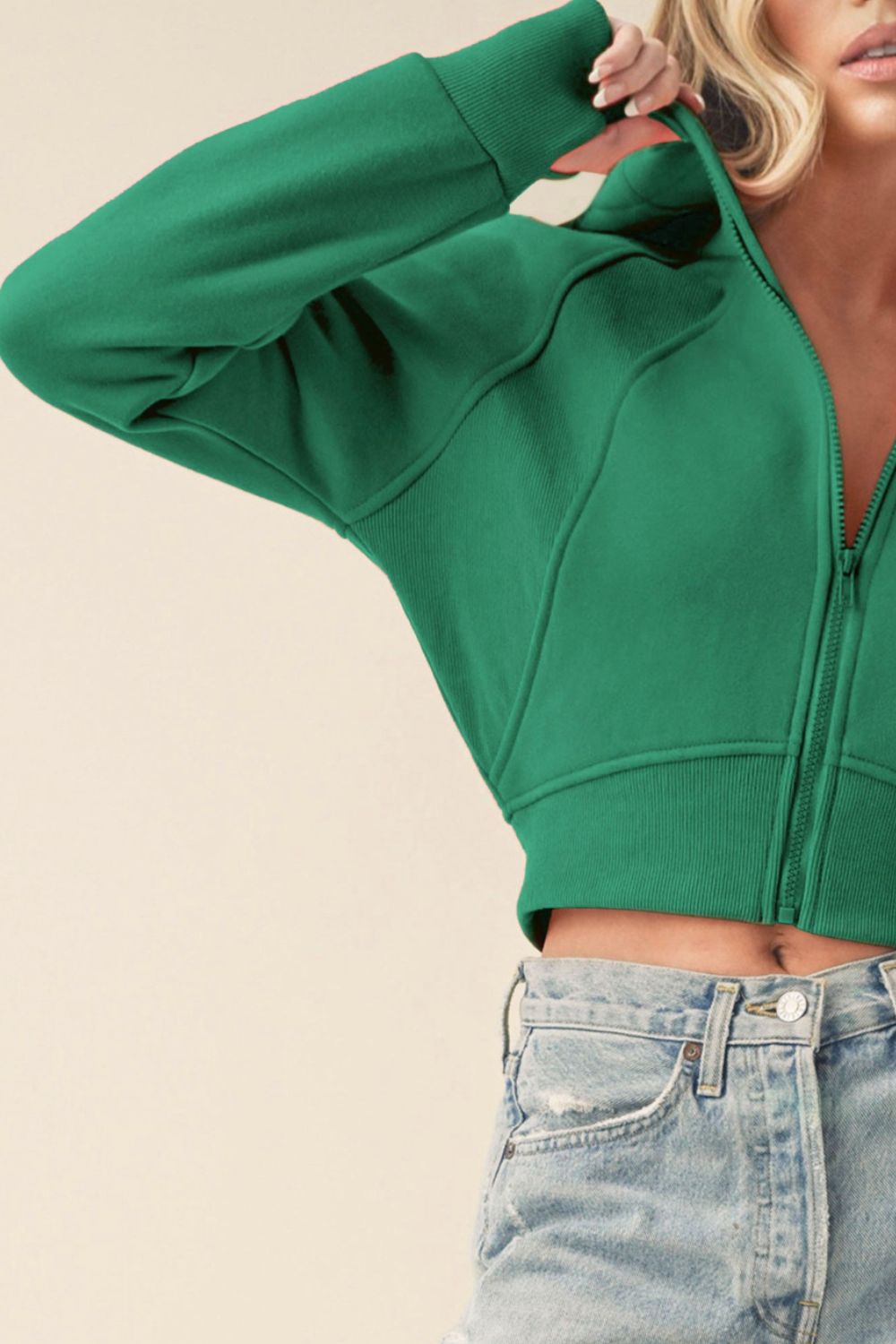 Zip-Up Raglan Sleeve Cropped Hoodie | Trendy Cropped Hoodie with Zipper