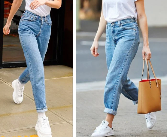 Classic women's lightweight jeans with rolled-up legs