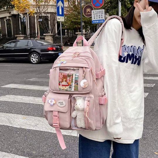 Cute school backpack with transparent pockets