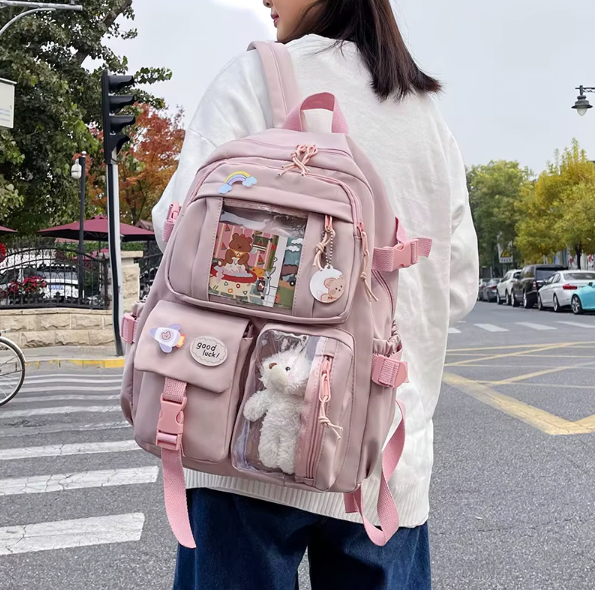 Cute school backpack with transparent pockets