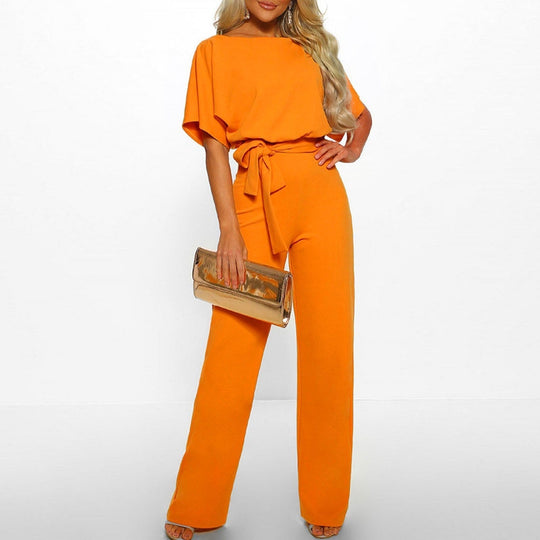 Elegant Women's Jumpsuit with Belt and Wide Legs and Short Sleeves