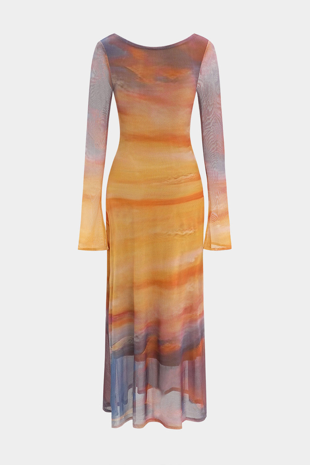 Tie Dye Print Mesh Ruffle Long Sleeve Maxi Dress 