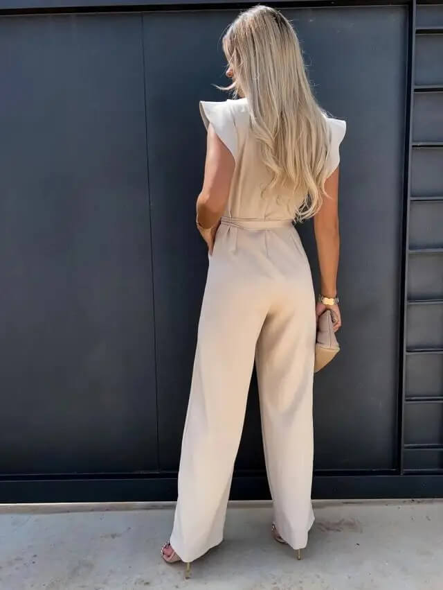 Elegant Women's Jumpsuit with Tie Belt - Comfortable Summer Outfit with Full Legs