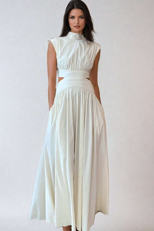 Mock Neck Cut Out Pleated Maxi Dress 