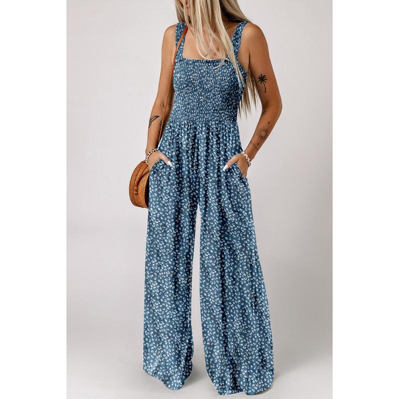 Women's Floral Wide-Leg Jumpsuit with Ruffled Top and Pockets