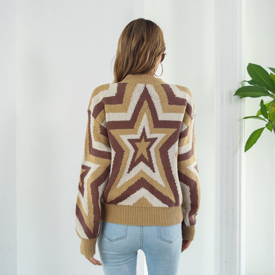 Star Fall Shoulder Sweater | Ribbed Crew Neck | Casual &amp; Chic Long Sleeves