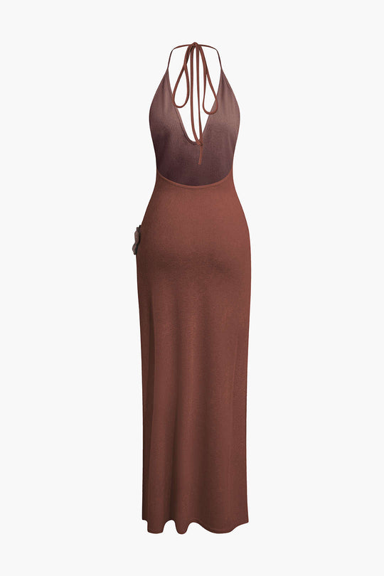 3D Flower V-Neck Backless Split Maxi Dress 