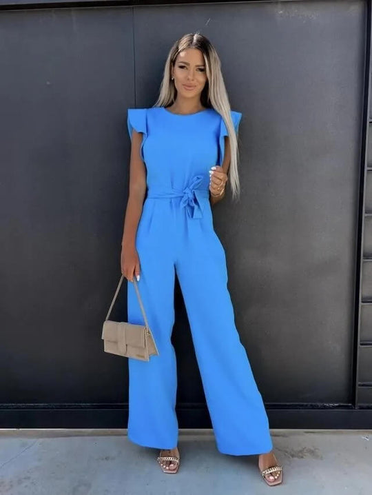 Elegant Women's Jumpsuit with Tie Belt - Comfortable Summer Outfit with Full Legs